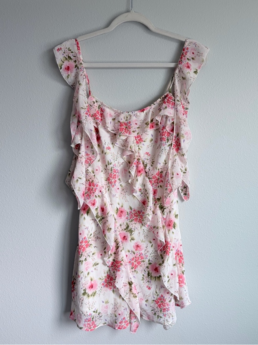 NWT Forever 21 Floral Ruffle Spaghetti Strap Dress - Pink & Green on White